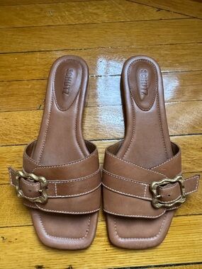 SCHUTZ Brown Leather Slide Mules with Decorative Buckle